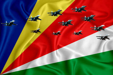 Seychelles flag, background with space for your logo - military 3D illustration. Air parade, military air show, air parade of military aviation. 3D renderingの写真素材