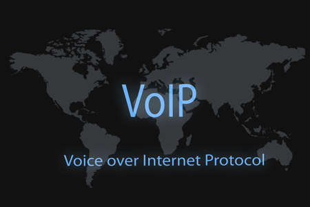 VoIp inscription on a dark background and a world map.の写真素材