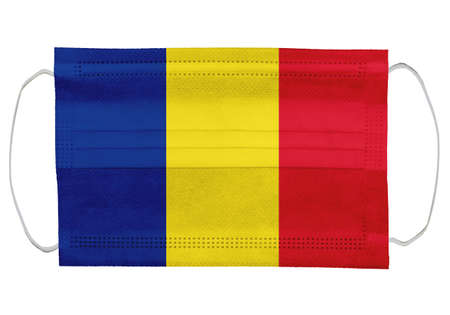 chad flag on a medical mask. Isolated on a white background. for corona virus or covid-19, protective breathing masks for virus infection, health protection concept, mouth cover, 3D-renderingの写真素材