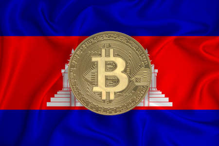 flag, bitcoin gold coin on flag background. The concept of blockchain, bitcoin, currency decentralization in the country. 3d-renderingの写真素材