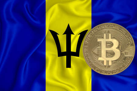 flag, bitcoin gold coin on flag background. The concept of blockchain, bitcoin, currency decentralization in the country. 3d-renderingの写真素材