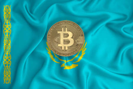 flag, bitcoin gold coin on flag background. The concept of blockchain, bitcoin, currency decentralization in the country. 3d-renderingの写真素材