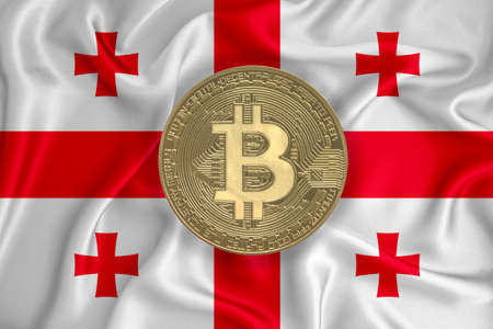 flag, bitcoin gold coin on flag background. The concept of blockchain, bitcoin, currency decentralization in the country. 3d-renderingの写真素材