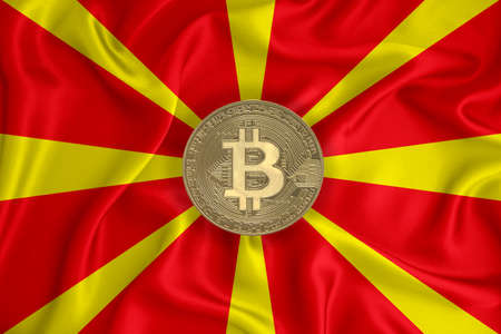 flag, bitcoin gold coin on flag background. The concept of blockchain, bitcoin, currency...