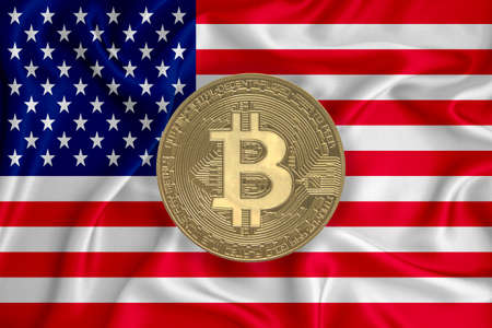 flag, bitcoin gold coin on flag background. The concept of blockchain, bitcoin, currency...