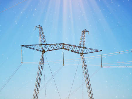 Electric transmission line. Power transmission pylon silhouette against blue sky at dusk. The...