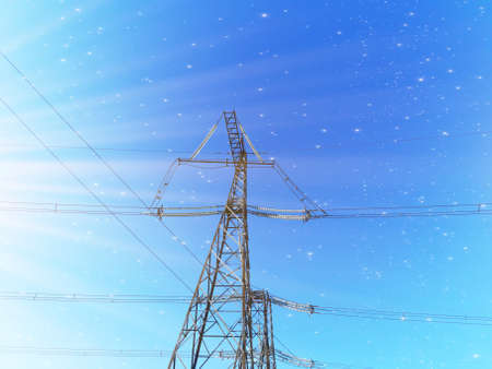 Electric transmission line. Power transmission pylon silhouette against blue sky at dusk. The...