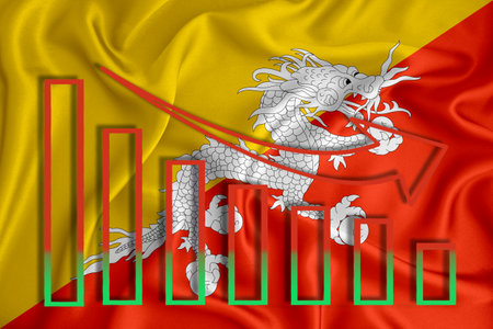 Bhutan flag, the fall of the currency against the background of the flag and stock price fluctuations. Crisis concept with falling stock prices of companies. 3D renderingの写真素材