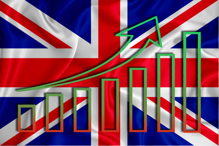 Great Britain flag with a graph of price increases for the country's currency. Rising prices for shares of companies and cryptocurrencies. Economic recovery concept. 3D renderingの写真素材