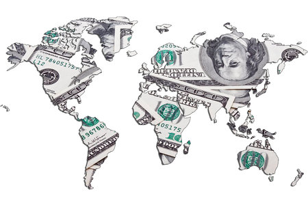World map isolated on white background. Flat earth, gray card template for website template. Dollar bills are shown inside the card template. 3d-rendering.の写真素材