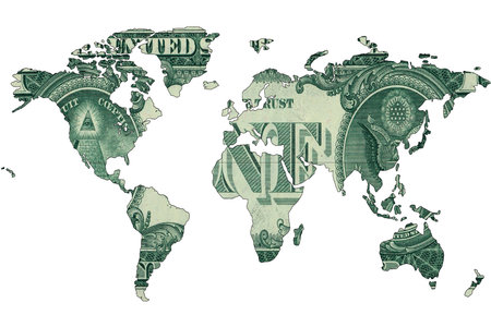 World map isolated on white background. Flat earth, gray card template for website template. Dollar bills are shown inside the card template. 3d-rendering.の写真素材