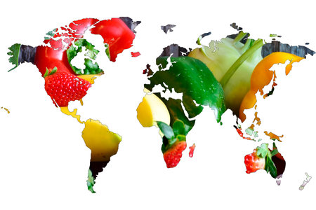 World map isolated on white background. Flat earth, gray card template for website template. Fruits vegetables are depicted inside the card template. 3d rendering.の写真素材
