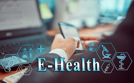 Medical healthcare concept - group of doctors in hospital with digital medical icons, graphic banner showing symbol of medicine, providing medical care. The inscription "E-Health"の写真素材