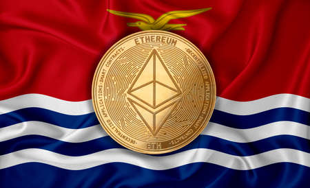 Kiribati flag, ethereum gold coin on flag background. The concept of blockchain, bitcoin, currency...
