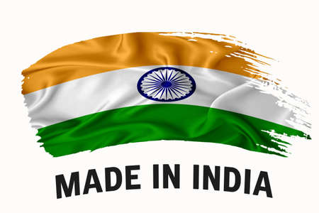 Made in India handwritten vintage ribbon flag, brush stroke, typography lettering logo label banner...
