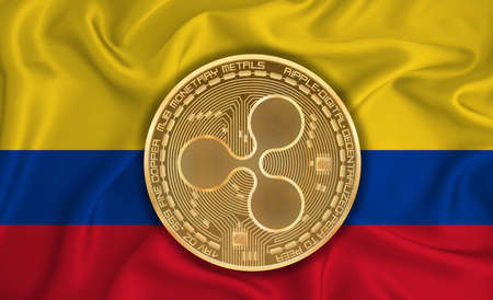 ecuador flag, ripple gold coin on flag background. The concept of blockchain, bitcoin, currency decentralization in the country. 3d-renderingの写真素材