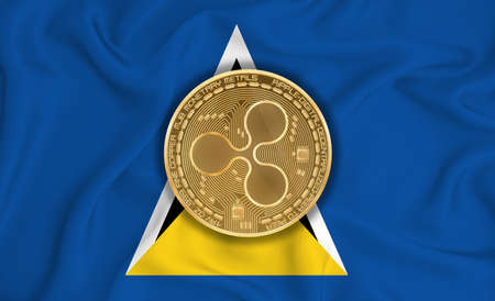 Saint Lucia flag, ripple gold coin on flag background. The concept of blockchain, bitcoin, currency decentralization in the country. 3d-renderingの写真素材