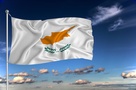 Kazakhstan national flag waving in the wind against deep blue sky. International relations concept.の写真素材