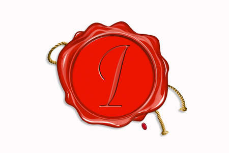Red wax seal with copy space on a white background. Icon seal wax realistic stamp with rope and letter: Iの写真素材