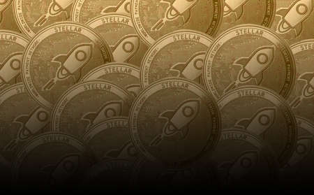 Gold crypto coin stellar xlr sign, against the background of stellar tanned coins.のeditorial素材