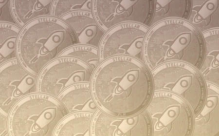 Gold crypto coin stellar xlr sign, against the background of stellar tanned coins.のeditorial素材