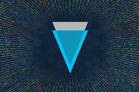 Verge, XVG cryptocurrency symbol. A tunnel from a computer program code. Programmer Strings of code,...