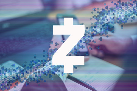 Zcash, ZEC cryptocurrency sign. Business person, trader, investor, analyst using mobile phone app analytics to analyze cryptocurrency financial stock market analyze chart on smartphone screen.の写真素材