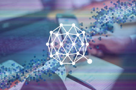QTUM cryptocurrency sign. Business person, trader, investor, analyst using mobile phone app...