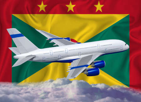 Grenada flag with white airplane and clouds. The concept of tourist international passenger transportation.の写真素材