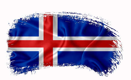 Iceland flag, brush stroke, typography, lettering, logo, label, banner on a white background.の写真素材