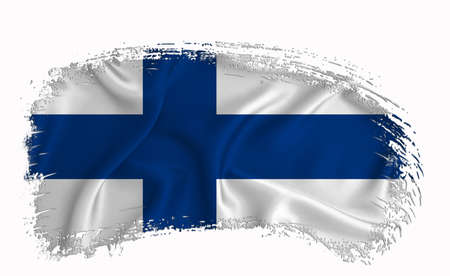 Finland flag, brush stroke, typography, lettering, logo, label, banner on a white background.の写真素材