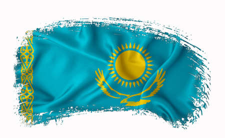 Kazakhstan flag, brush stroke, typography, lettering, logo, label, banner on a white background.の写真素材