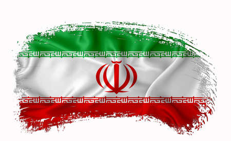 Iran flag, brush stroke, typography, lettering, logo, label, banner on a white background.の写真素材