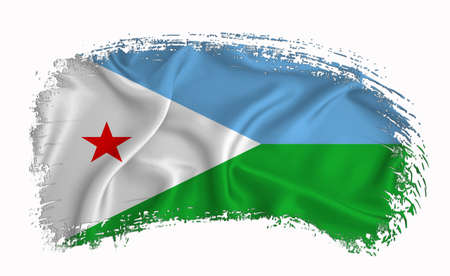 Djibouti flag, brush stroke, typography, lettering, logo, label, banner on a white background.の写真素材
