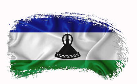 lesotho flag, brush stroke, typography, lettering, logo, label, banner on a white background.の写真素材
