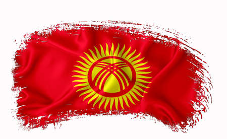 Kyrgyzstan flag, brush stroke, typography, lettering, logo, label, banner on a white background.の写真素材