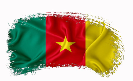 kamerun flag, brush stroke, typography, lettering, logo, label, banner on a white background.の写真素材