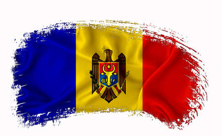Moldova flag, brush stroke, typography, lettering, logo, label, banner on a white background.の写真素材
