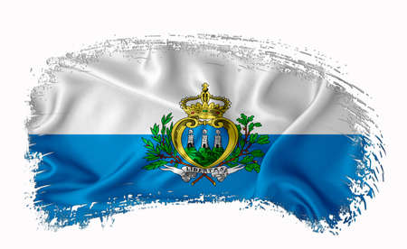 San Marino flag, brush stroke, typography, lettering, logo, label, banner on a white background.の写真素材