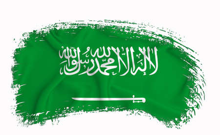 Saudi Arabia flag, brush stroke, typography, lettering, logo, label, banner on a white background.の写真素材