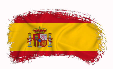 Spain flag, brush stroke, typography, lettering, logo, label, banner on a white background.の写真素材