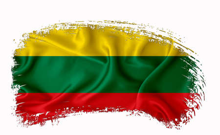 Lithuania flag, brush stroke, typography, lettering, logo, label, banner on a white background.の写真素材