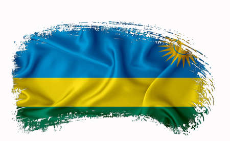 Rwanda flag, brush stroke, typography, lettering, logo, label, banner on a white background.の写真素材