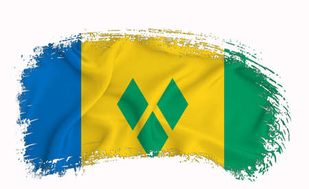 Saint Vincent and the Grenadines flag, brush stroke, typography, lettering, logo, label, banner on a white background.の写真素材