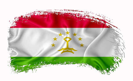 Tajikistan flag, brush stroke, typography, lettering, logo, label, banner on a white background.の写真素材