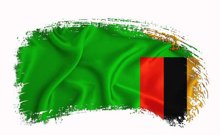 Zambia flag, brush stroke, typography, lettering, logo, label, banner on a white background.の写真素材