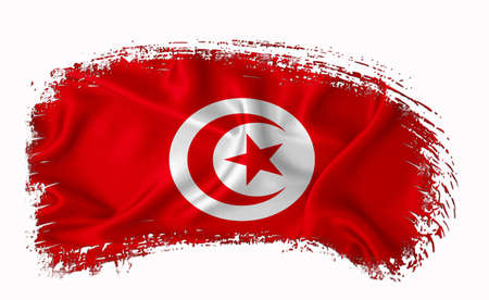 Tunisia flag, brush stroke, typography, lettering, logo, label, banner on a white background.の写真素材
