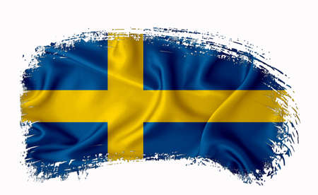 Sweden flag, brush stroke, typography, lettering, logo, label, banner on a white background.の写真素材