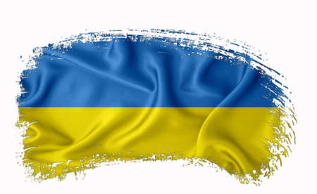 Ukraine flag, brush stroke, typography, lettering, logo, label, banner on a white background.の写真素材