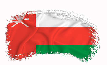 Oman flag, brush stroke, typography, lettering, logo, label, banner on a white background.の写真素材